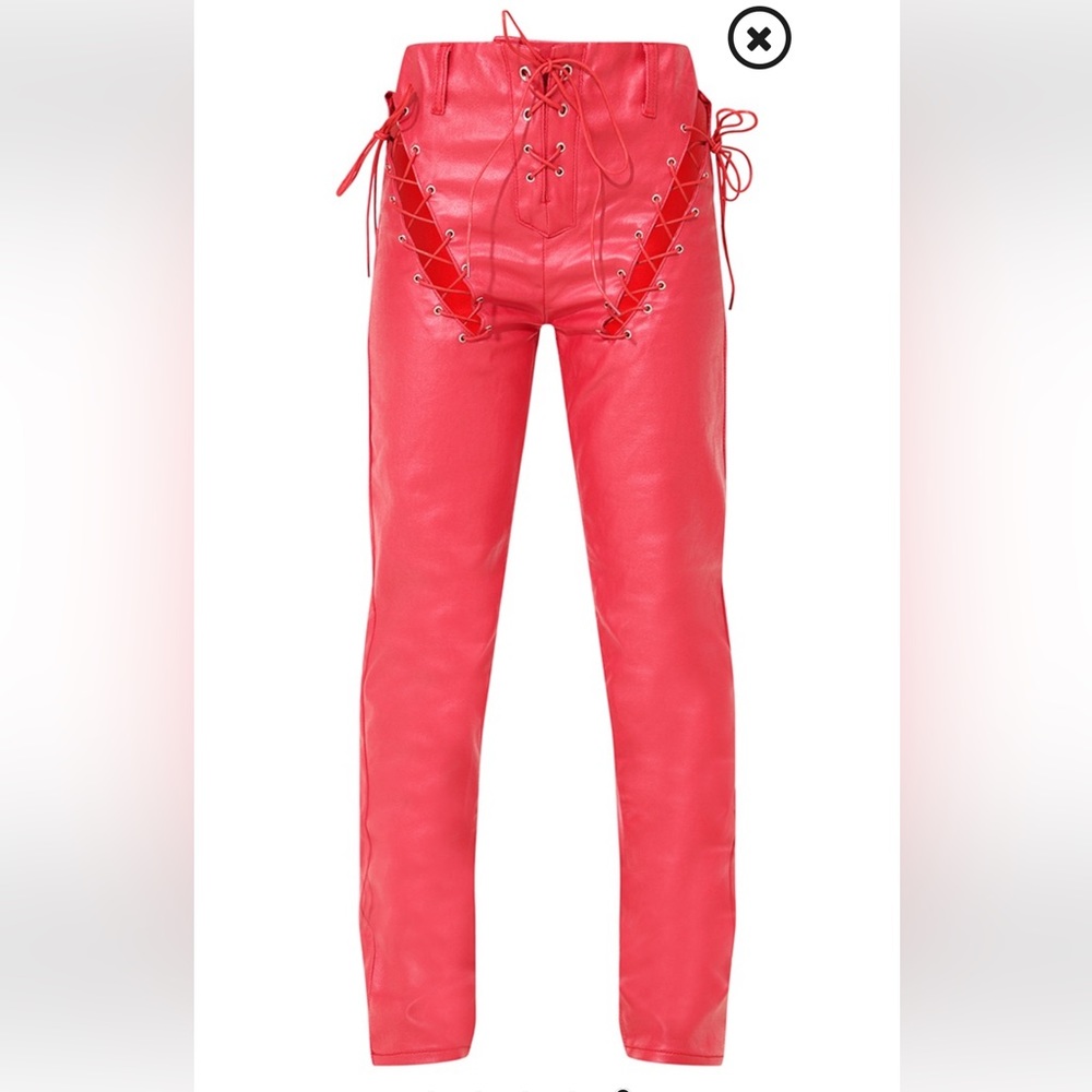 Red thigh lace up coated denim straight leg jean